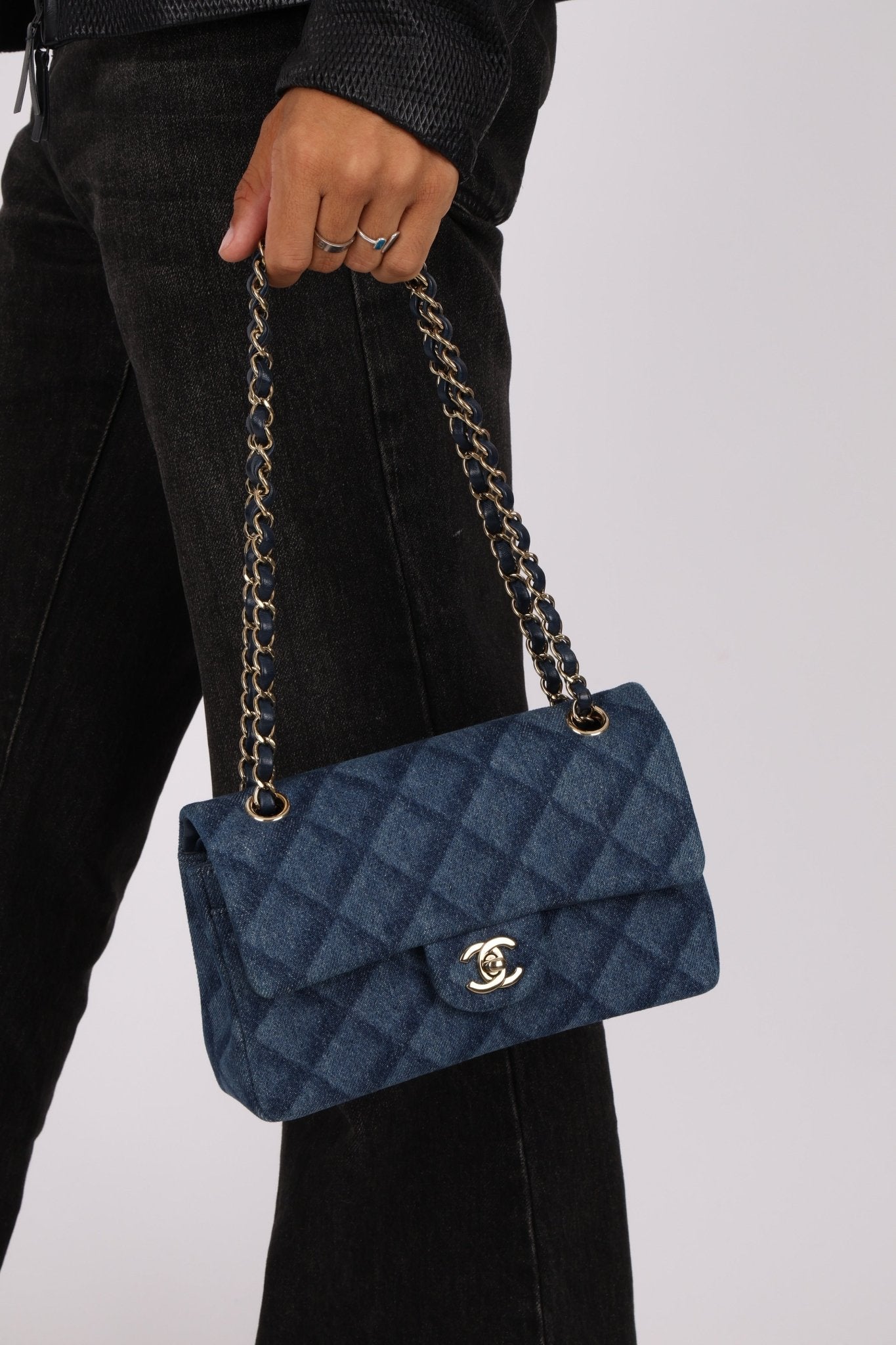 Chanel 2022 Quilted Trompe L'oeil Denim Small Classic Flap GHW - FashioNica
