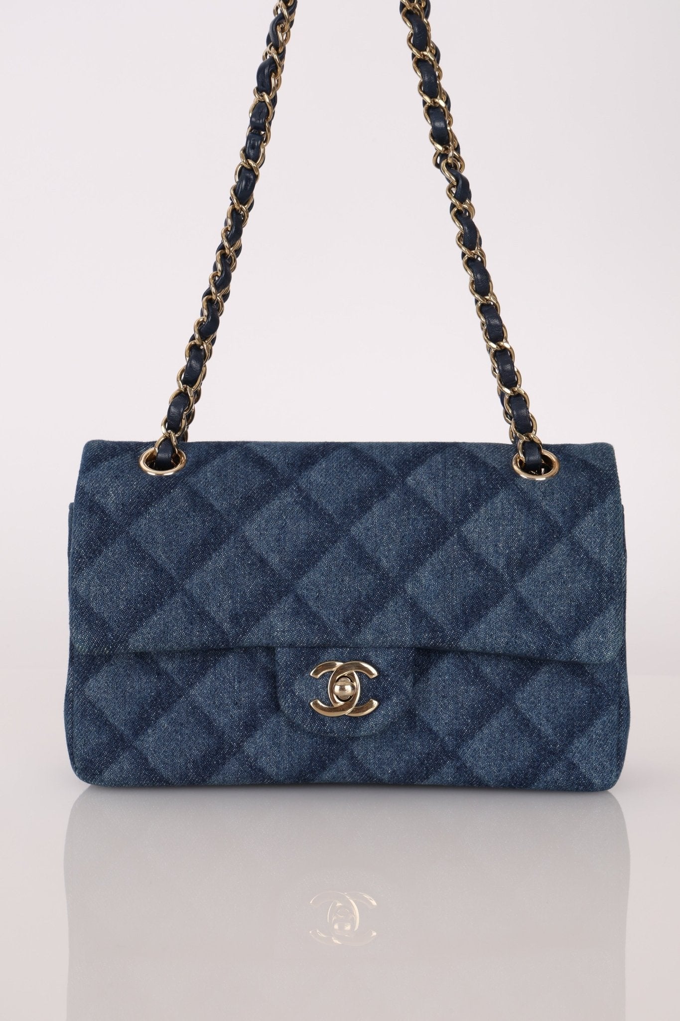 Chanel 2022 Quilted Trompe L'oeil Denim Small Classic Flap GHW - FashioNica