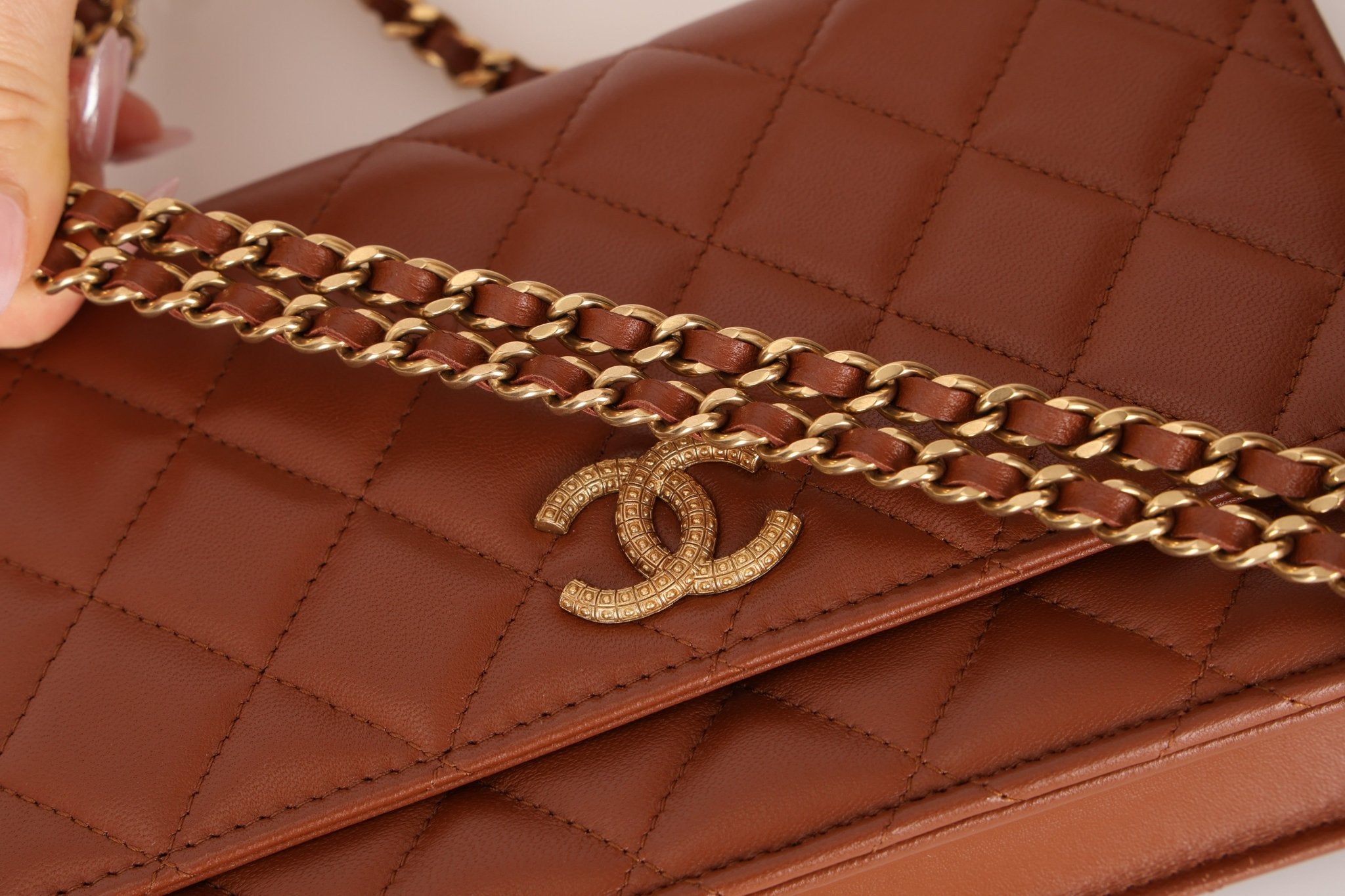 Chanel 2023 Cognac Lambskin Studded CC Wallet On Chain GHW - FashioNica