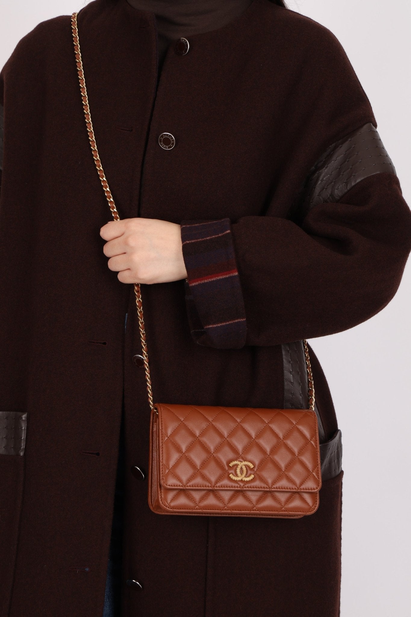 Chanel 2023 Cognac Lambskin Studded CC Wallet On Chain GHW - FashioNica