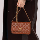 Chanel 2023 Cognac Lambskin Studded CC Wallet On Chain GHW - FashioNica