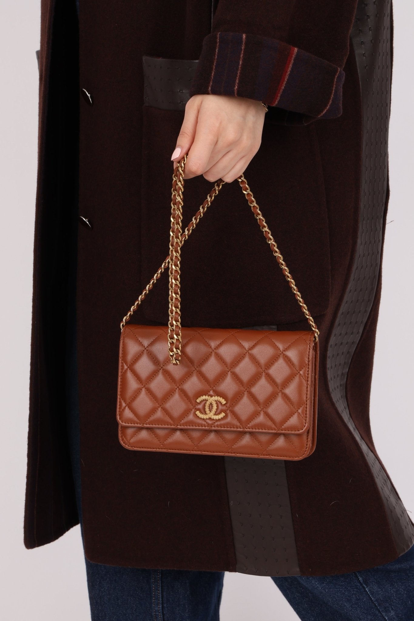 Chanel 2023 Cognac Lambskin Studded CC Wallet On Chain GHW - FashioNica