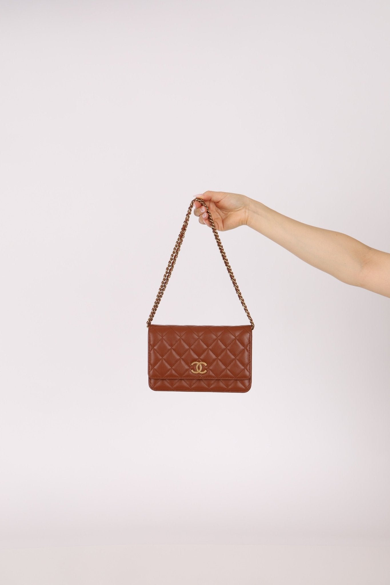 Chanel 2023 Cognac Lambskin Studded CC Wallet On Chain GHW - FashioNica