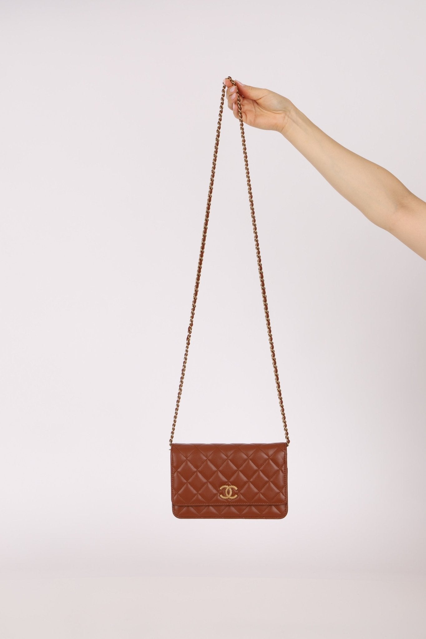 Chanel 2023 Cognac Lambskin Studded CC Wallet On Chain GHW - FashioNica