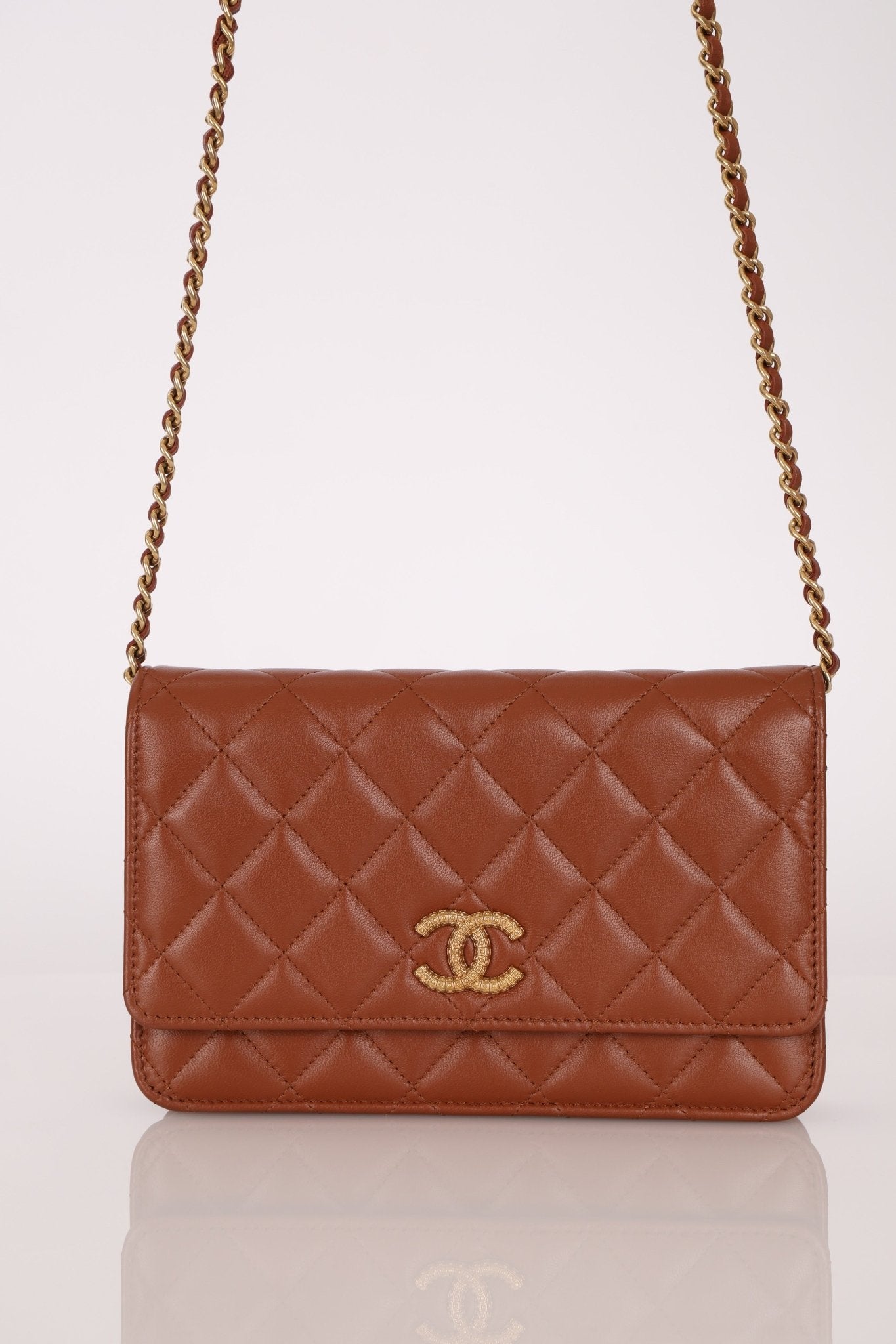 Chanel 2023 Cognac Lambskin Studded CC Wallet On Chain GHW - FashioNica
