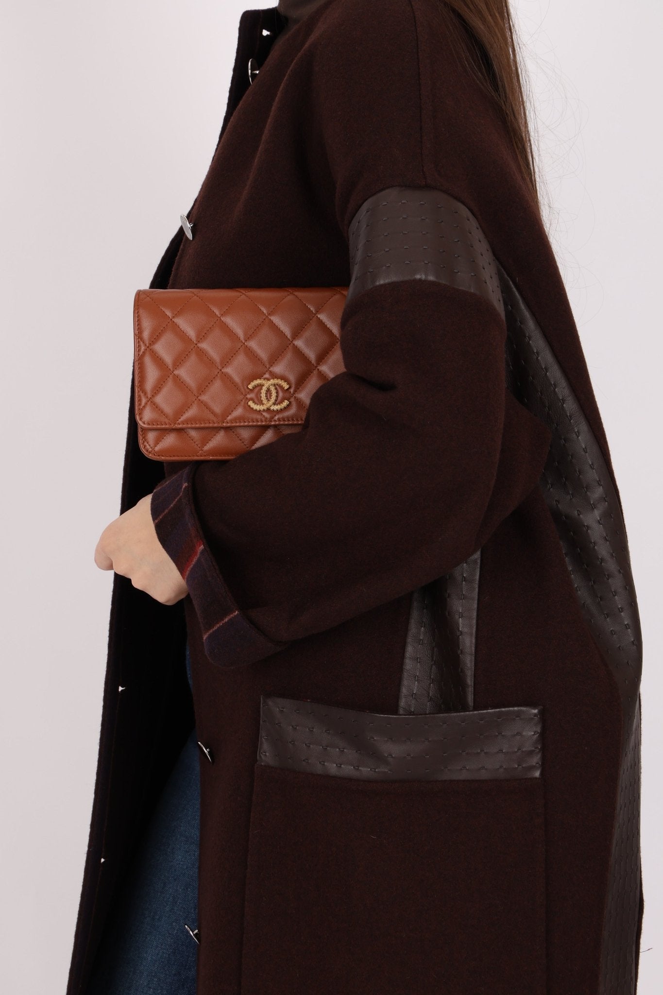 Chanel 2023 Cognac Lambskin Studded CC Wallet On Chain GHW - FashioNica