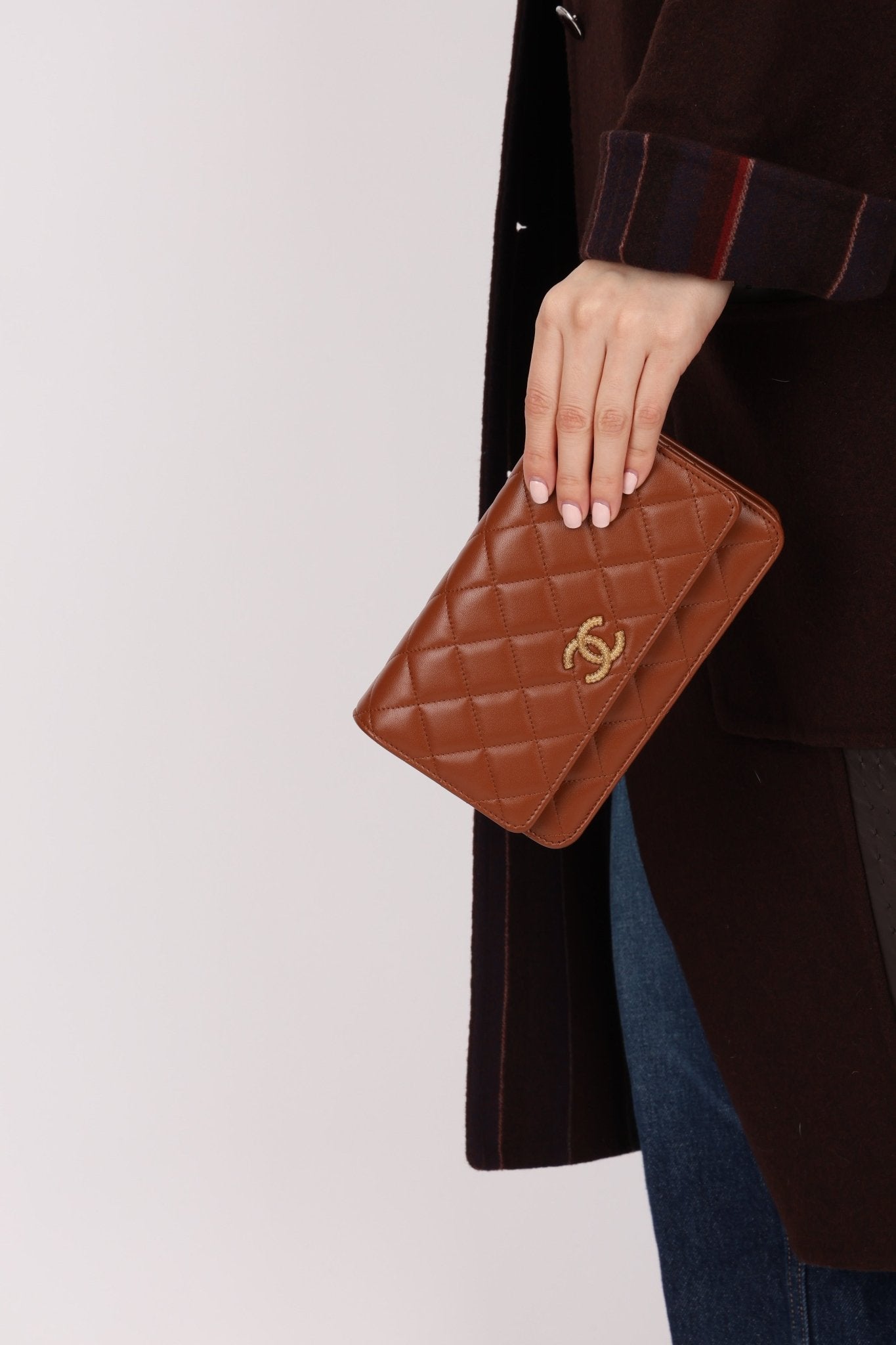 Chanel 2023 Cognac Lambskin Studded CC Wallet On Chain GHW - FashioNica