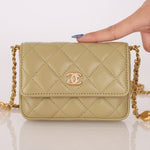 Chanel 2023 Lambskin Pistachio Coco Hearts Cardholder on Chain - FashioNica