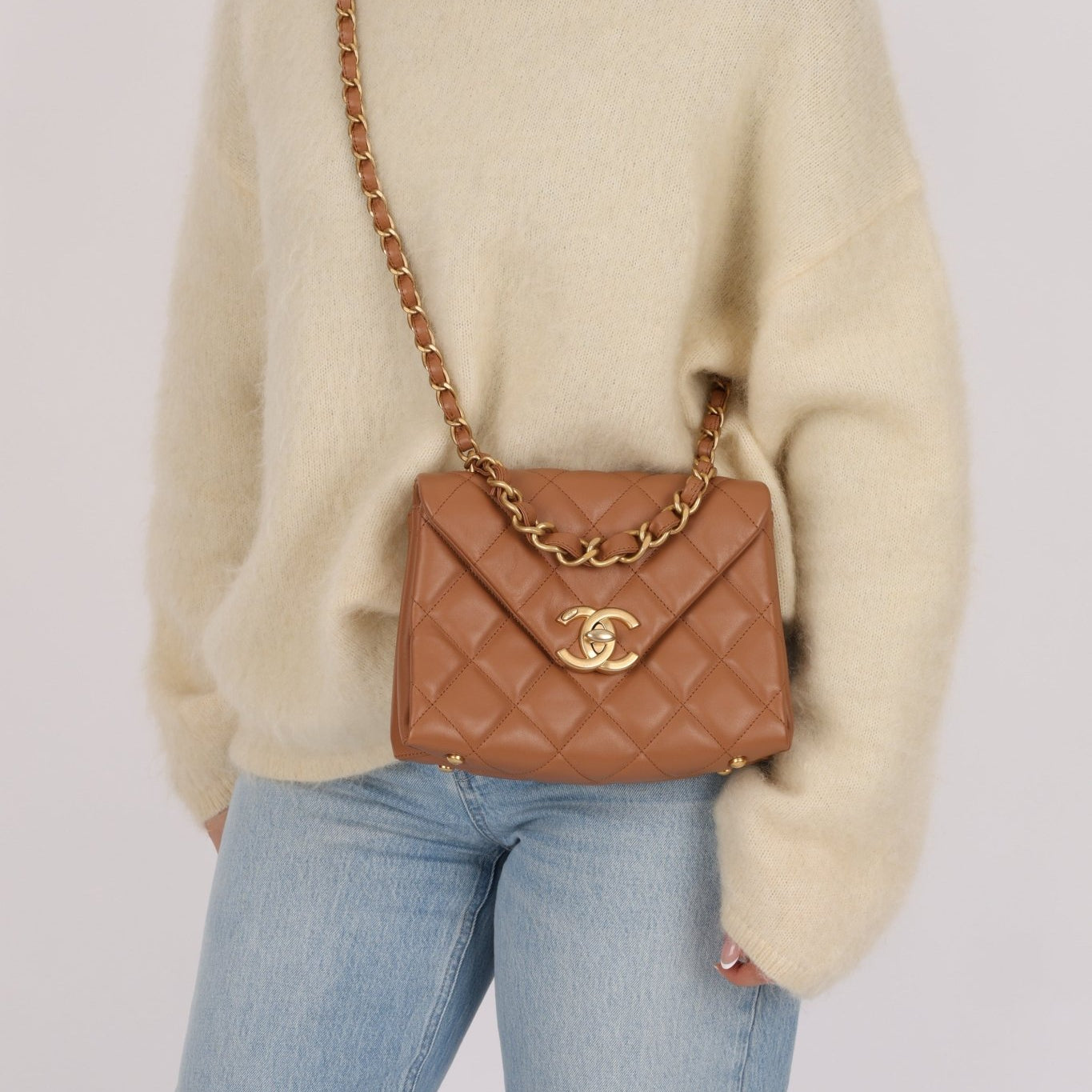 Chanel 2024 Tan Calfskin Envelope Chain Flap Bag - FashioNica