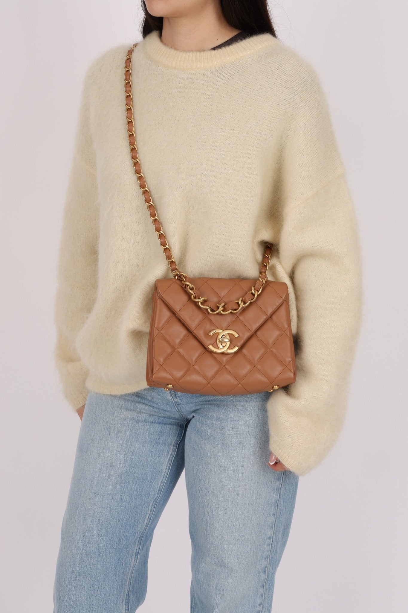 Chanel 2024 Tan Calfskin Envelope Chain Flap Bag - FashioNica