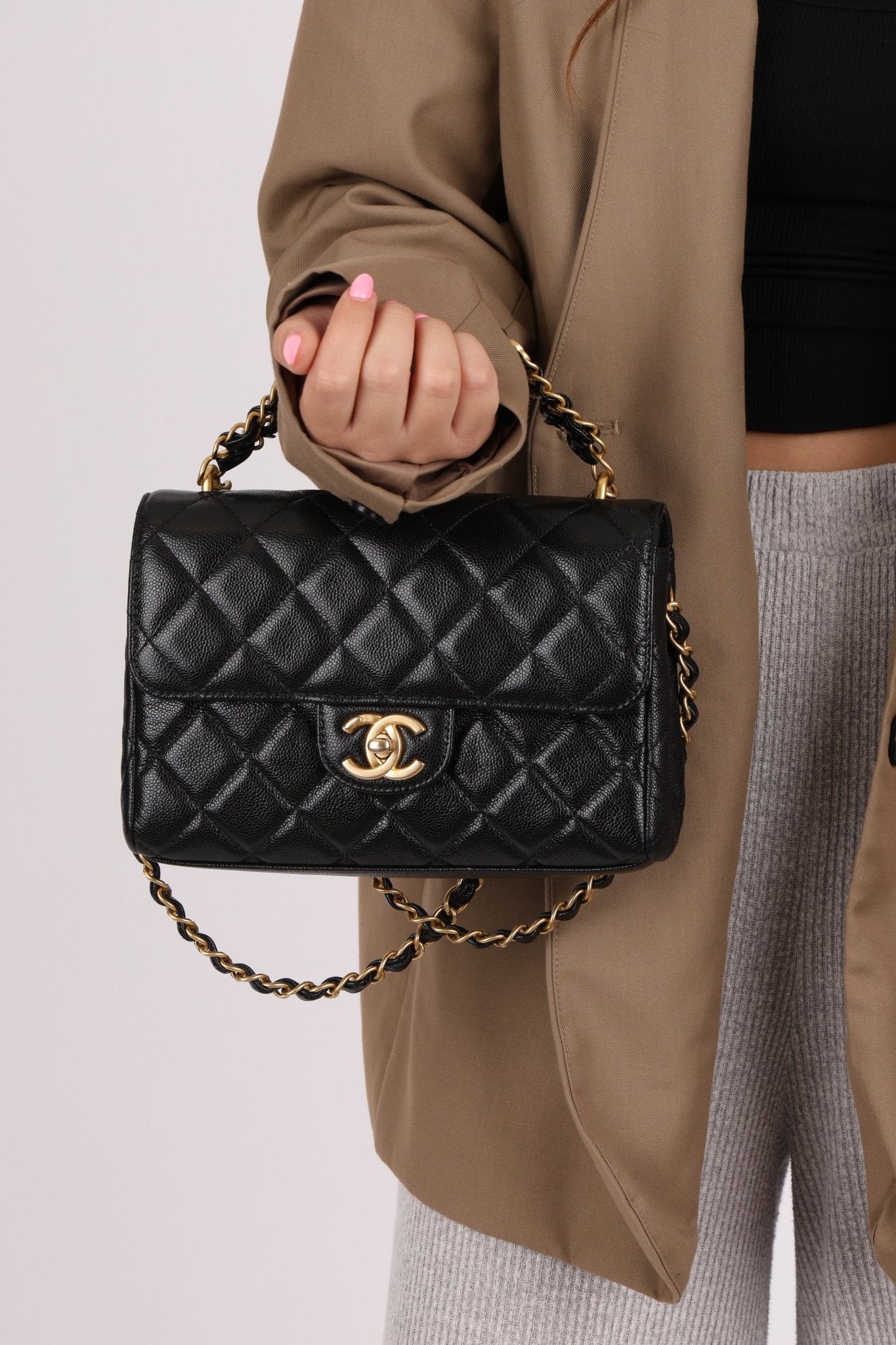 Chanel 2025 Caviar Chain Top Handle Turnlock Mini Flap - FashioNica