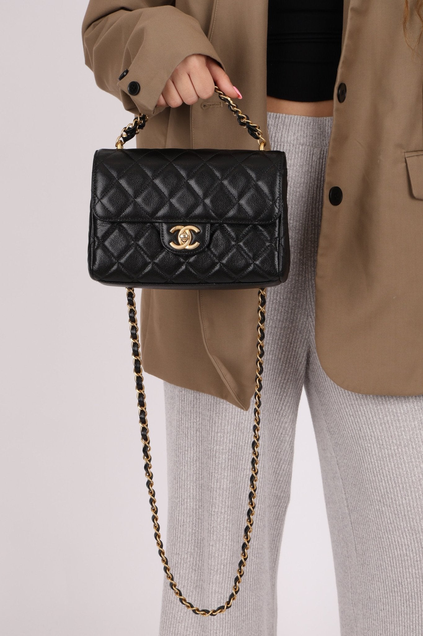 Chanel 2025 Caviar Chain Top Handle Turnlock Mini Flap - FashioNica
