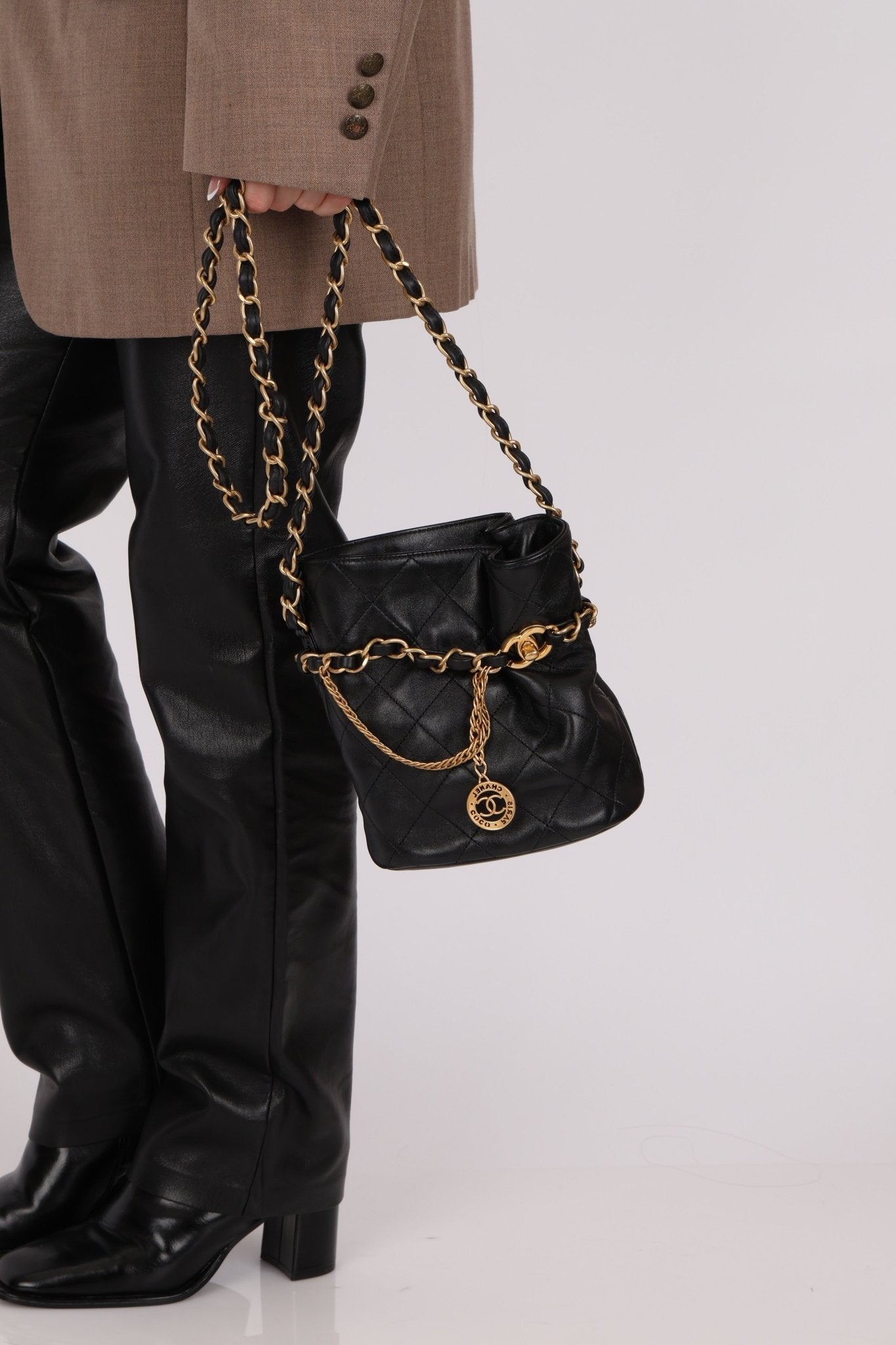 Chanel 23S CC Turnlock Medallion Chain Lambskin Bucket Bag - FashioNica