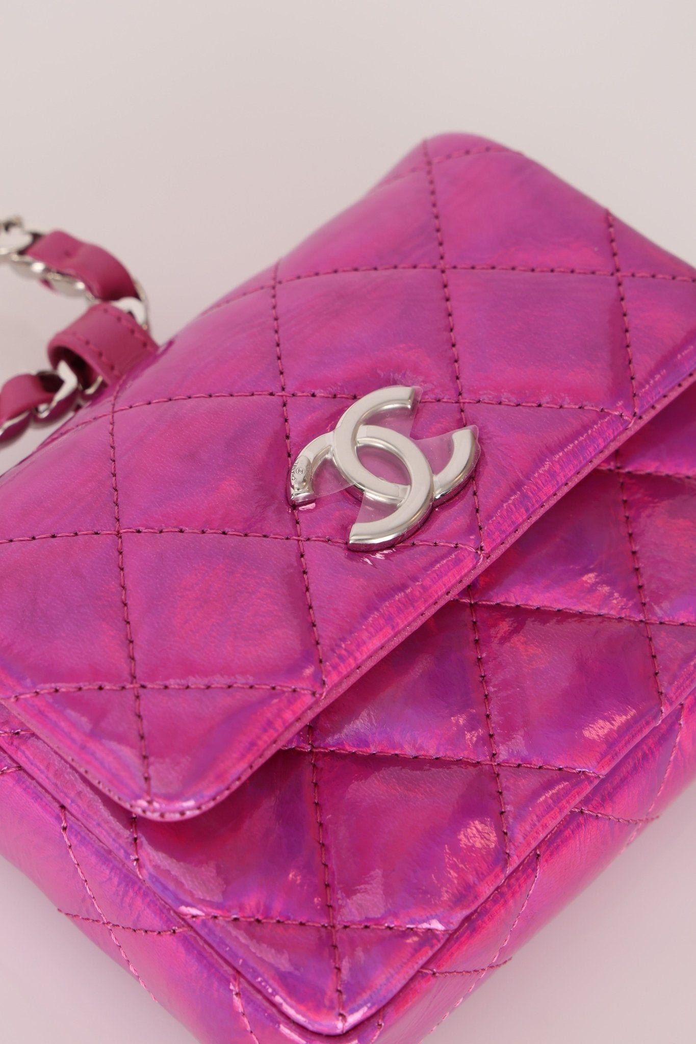Chanel 24C Iridescent Patent Quilted Carabiner Card Holder - FashioNica
