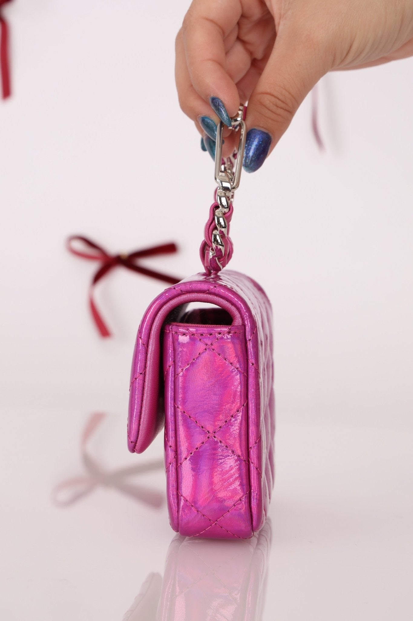 Chanel 24C Iridescent Patent Quilted Carabiner Card Holder - FashioNica