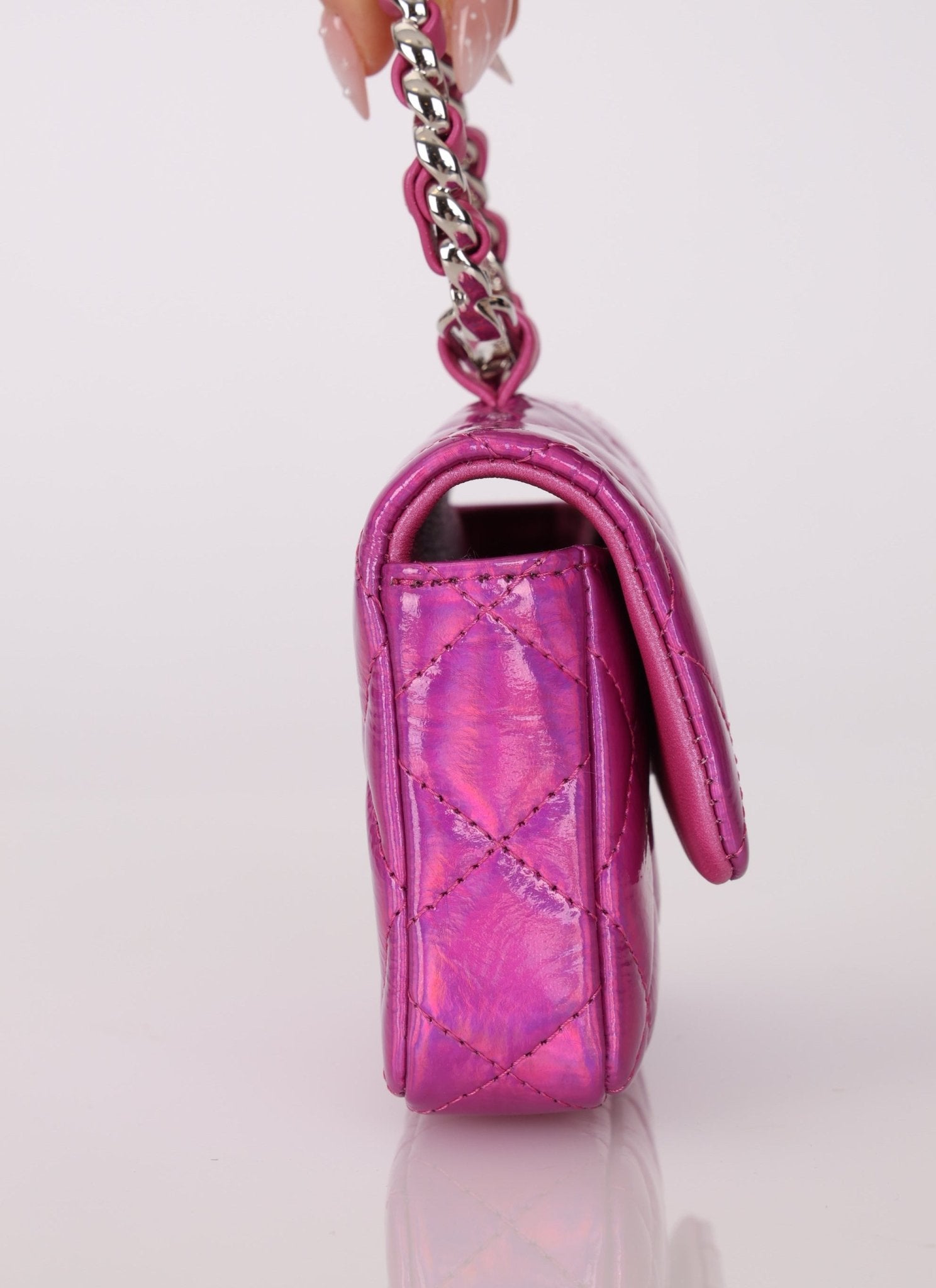 Chanel 24C Iridescent Patent Quilted Carabiner Card Holder - FashioNica