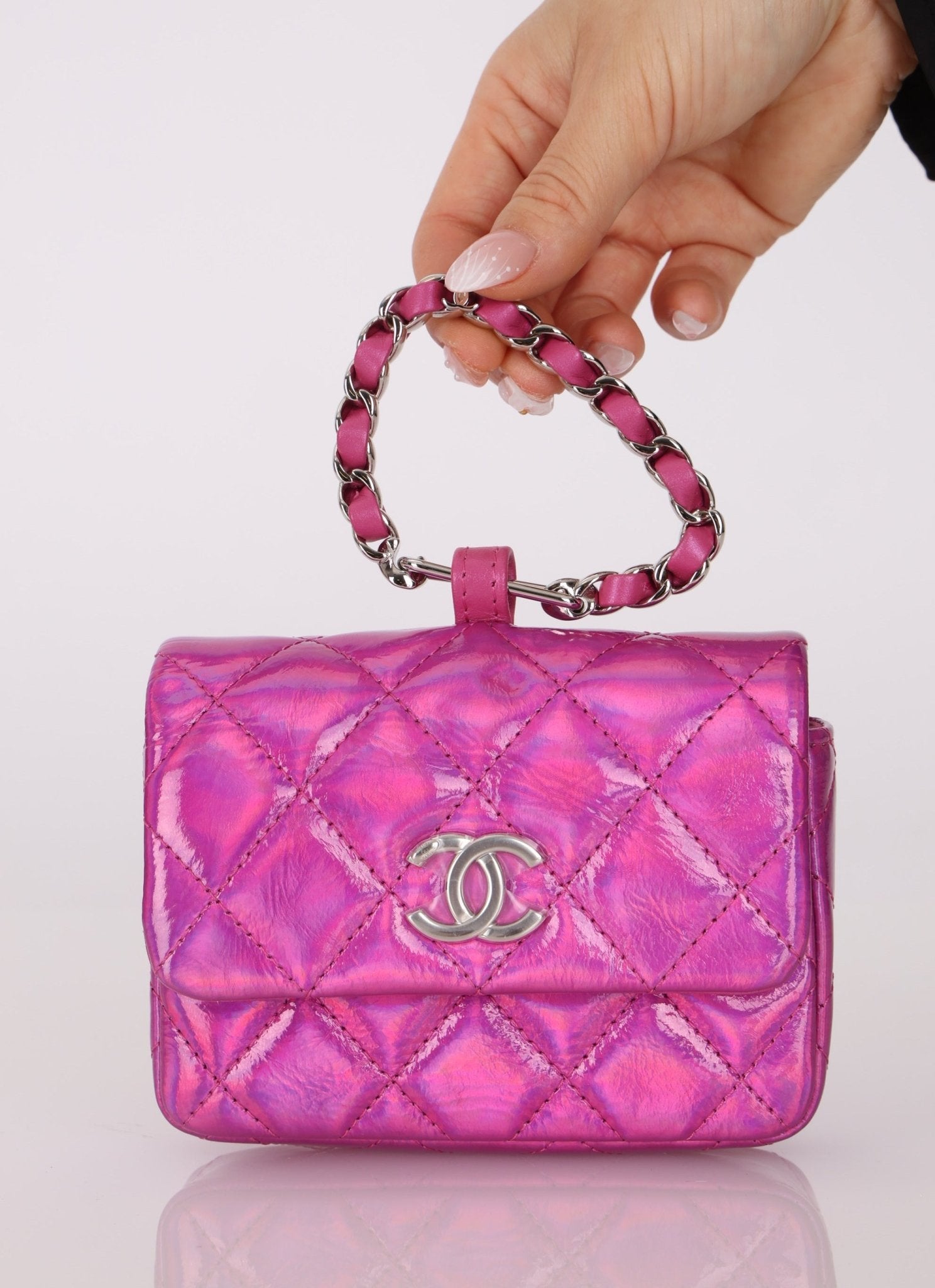 Chanel 24C Iridescent Patent Quilted Carabiner Card Holder - FashioNica