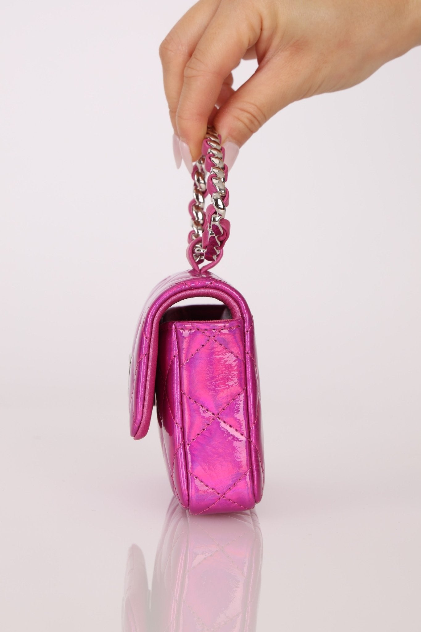Chanel 24C Iridescent Patent Quilted Carabiner Card Holder - FashioNica