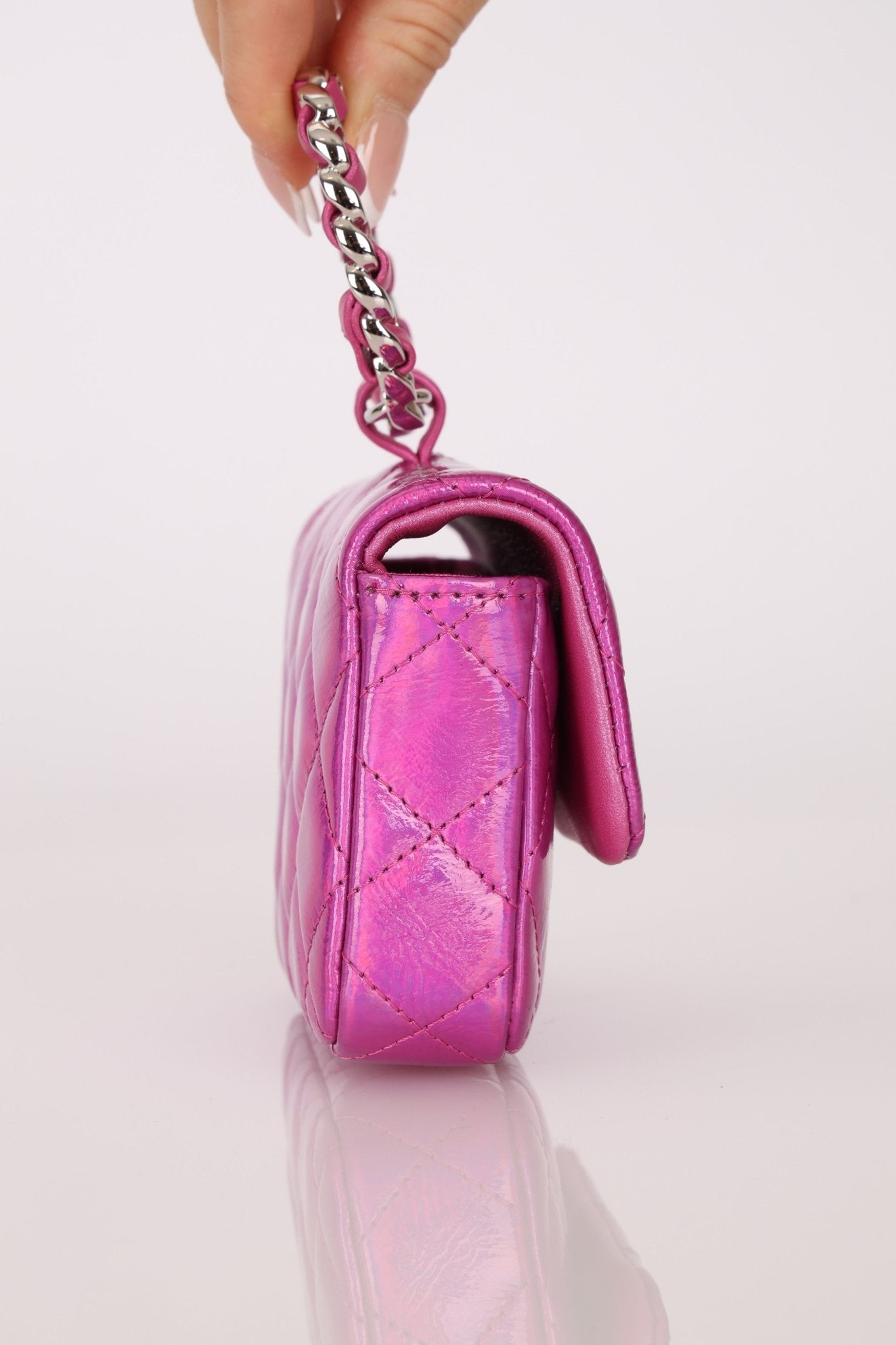 Chanel 24C Iridescent Patent Quilted Carabiner Chain Card Holder - FashioNica