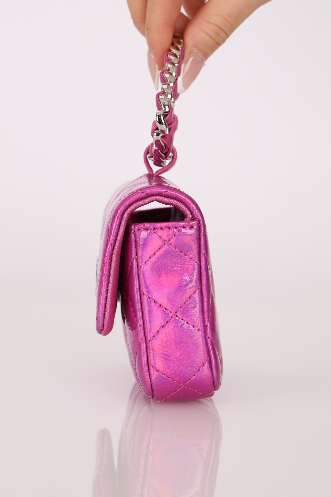 Chanel 24C Iridescent Patent Quilted Carabiner Chain Card Holder - FashioNica