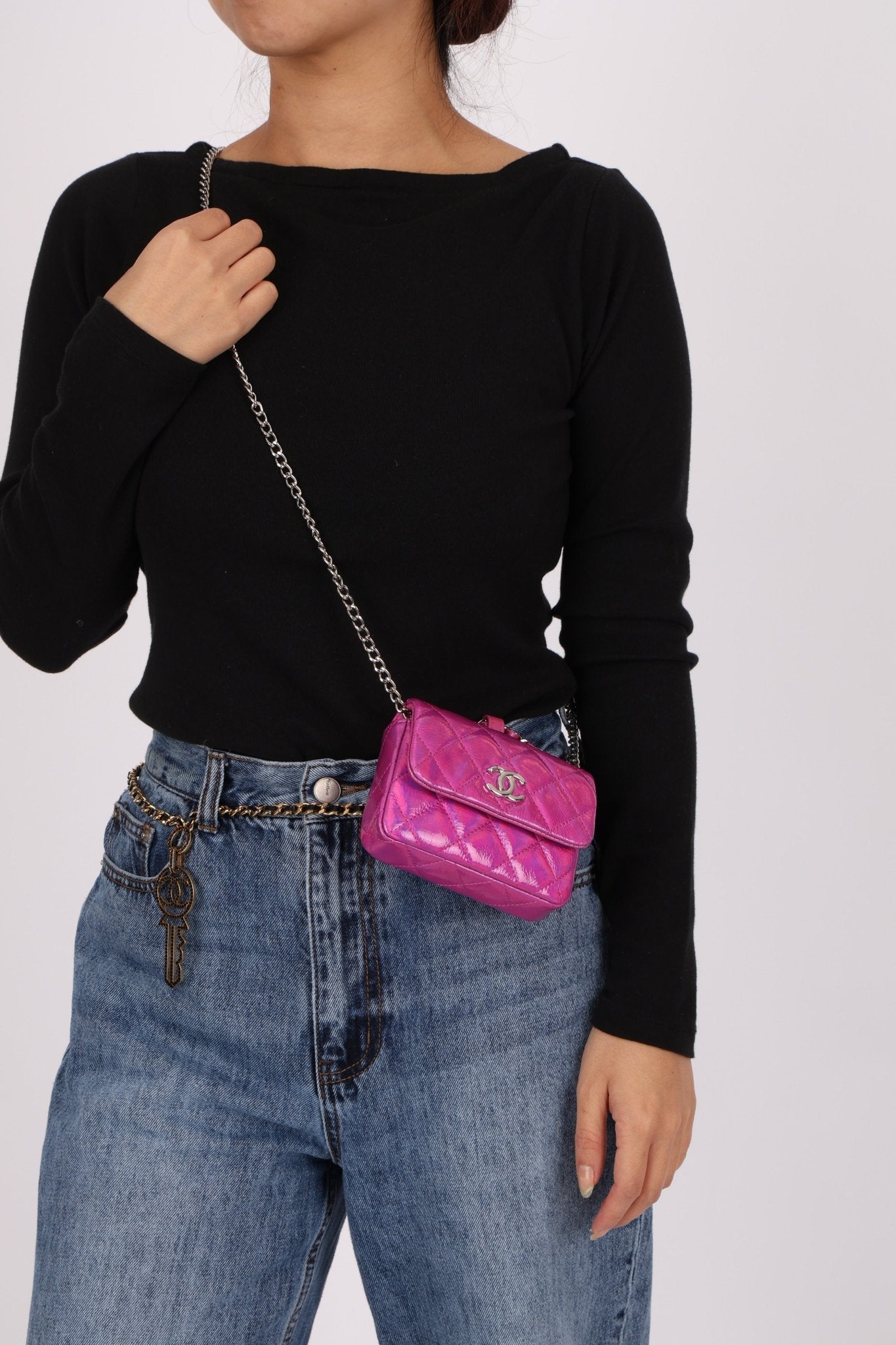 Chanel 24C Iridescent Patent Quilted Carabiner Chain Card Holder - FashioNica