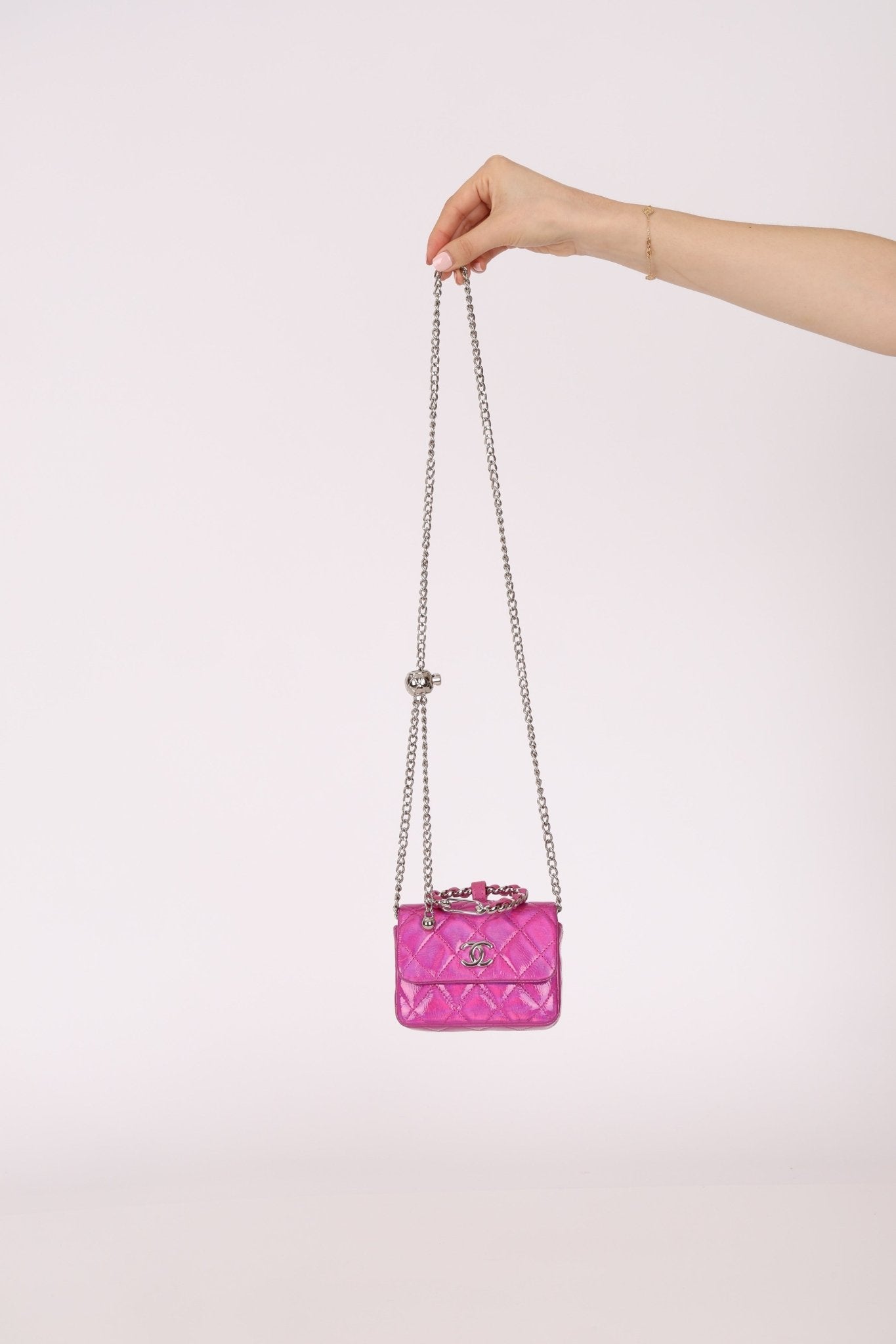 Chanel 24C Iridescent Patent Quilted Carabiner Chain Card Holder - FashioNica