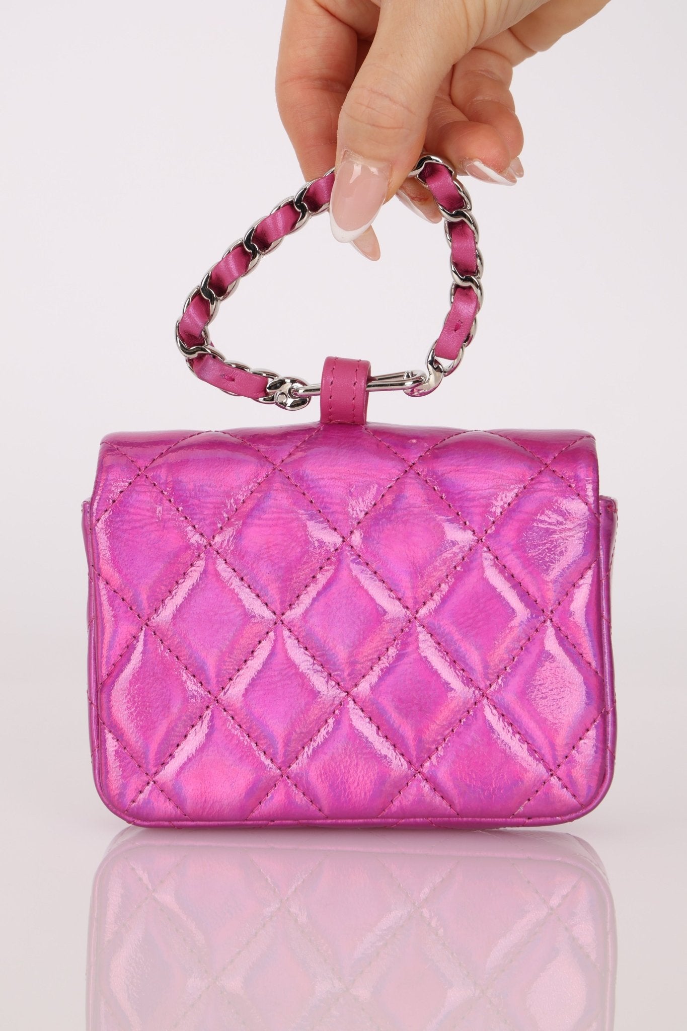 Chanel 24C Iridescent Patent Quilted Carabiner Chain Card Holder - FashioNica