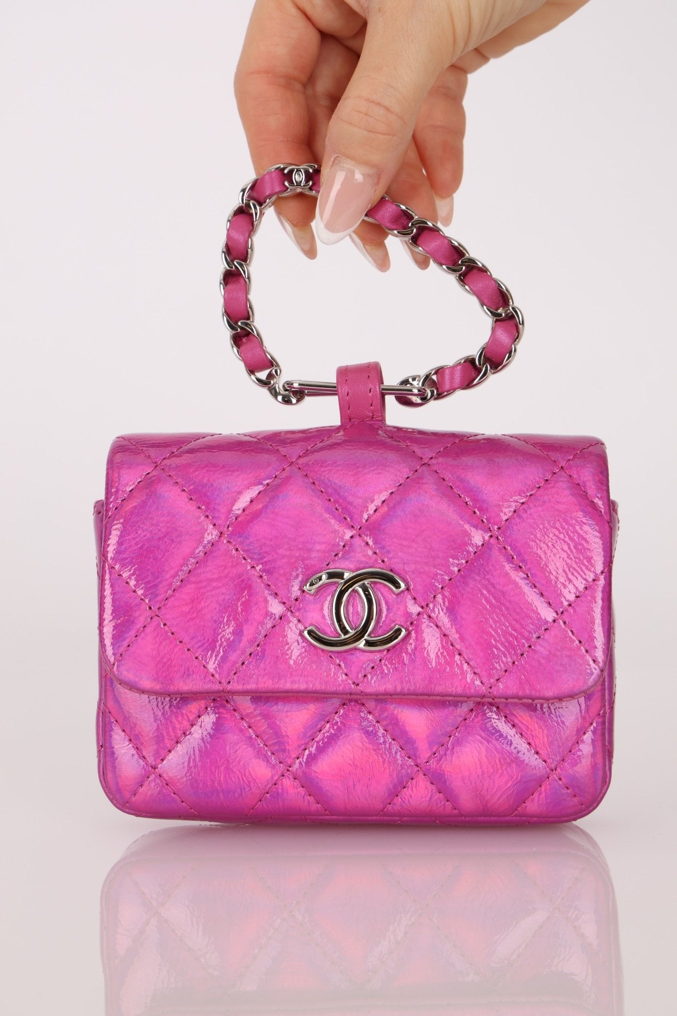 Chanel 24C Iridescent Patent Quilted Carabiner Chain Card Holder - FashioNica
