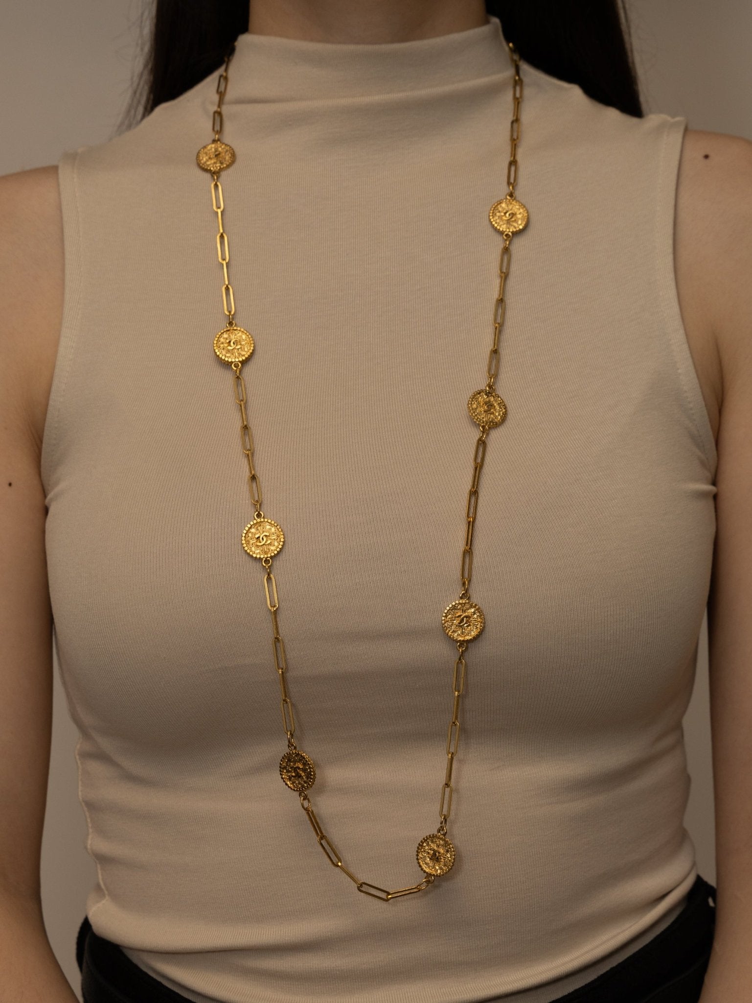 Chanel 70s - 80s Milgrain Coins Long Necklace 24K GP - FashioNica