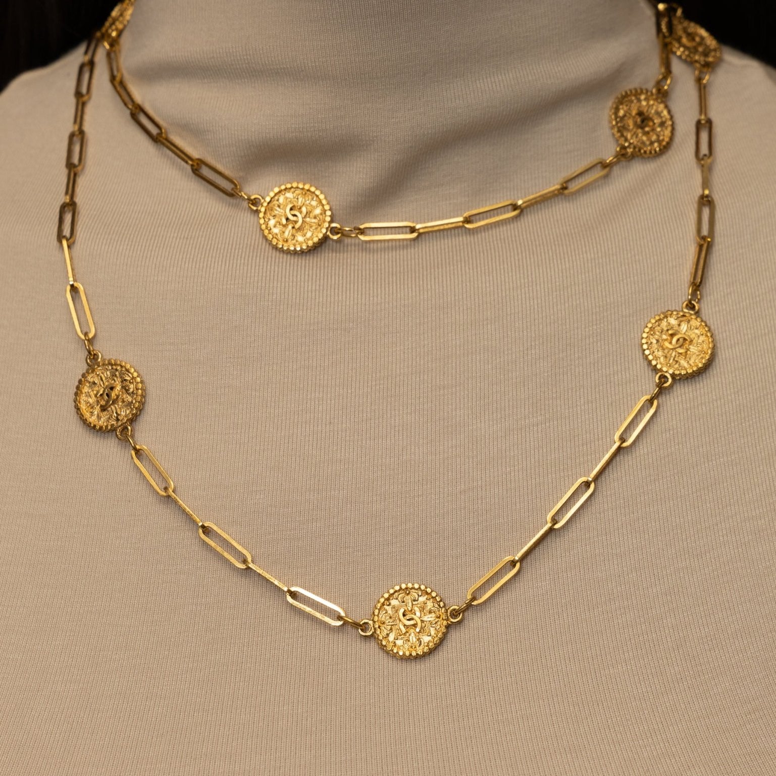Chanel 70s - 80s Milgrain Coins Long Necklace 24K GP - FashioNica