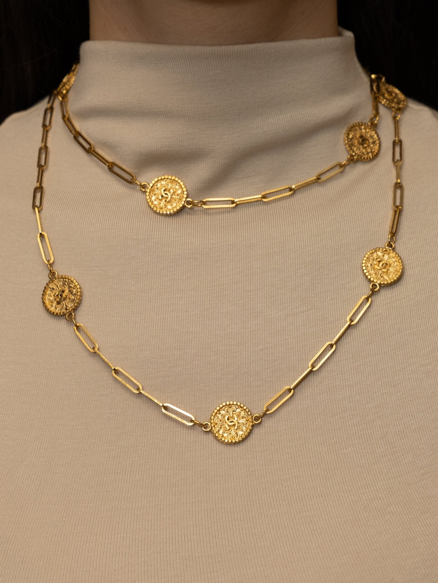 Chanel 70s - 80s Milgrain Coins Long Necklace 24K GP - FashioNica