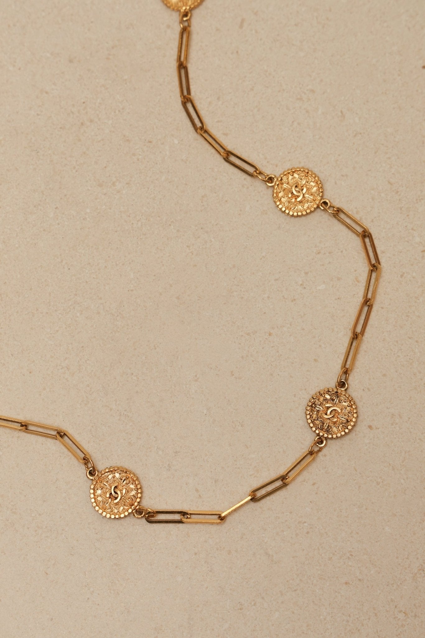 Chanel 70s - 80s Milgrain Coins Long Necklace 24K GP - FashioNica