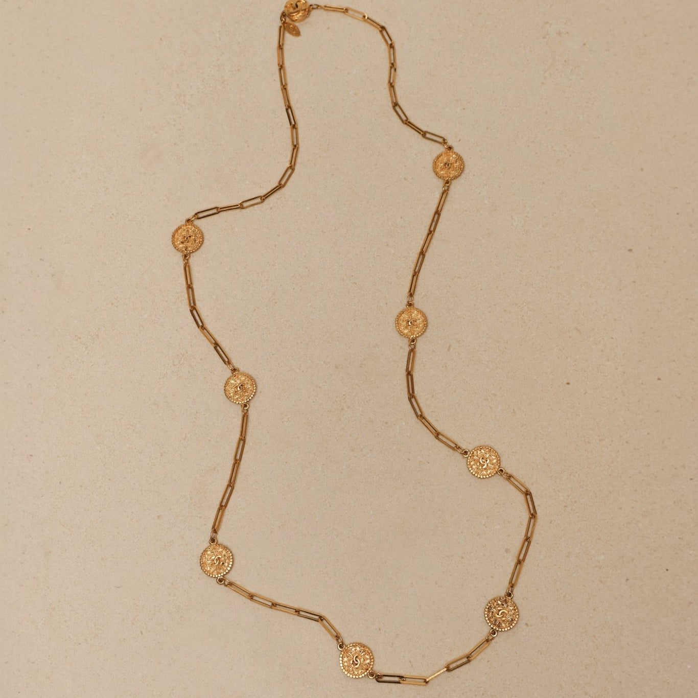 Chanel 70s - 80s Milgrain Coins Long Necklace 24K GP - FashioNica