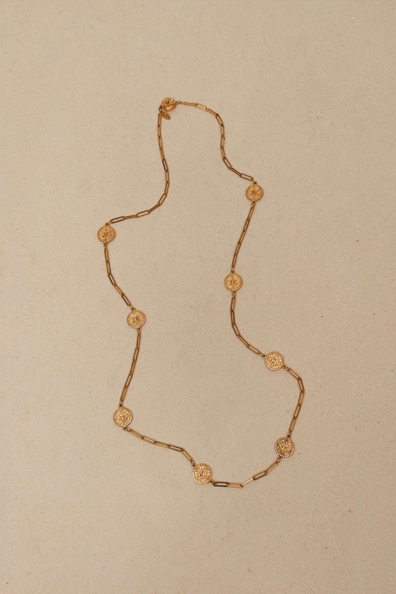 Chanel 70s - 80s Milgrain Coins Long Necklace 24K GP - FashioNica