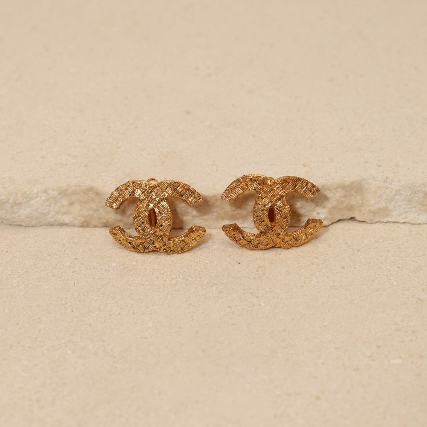 Chanel 70s - 80s Woven Motif CC Clip - On Earrings 24K GP - FashioNica