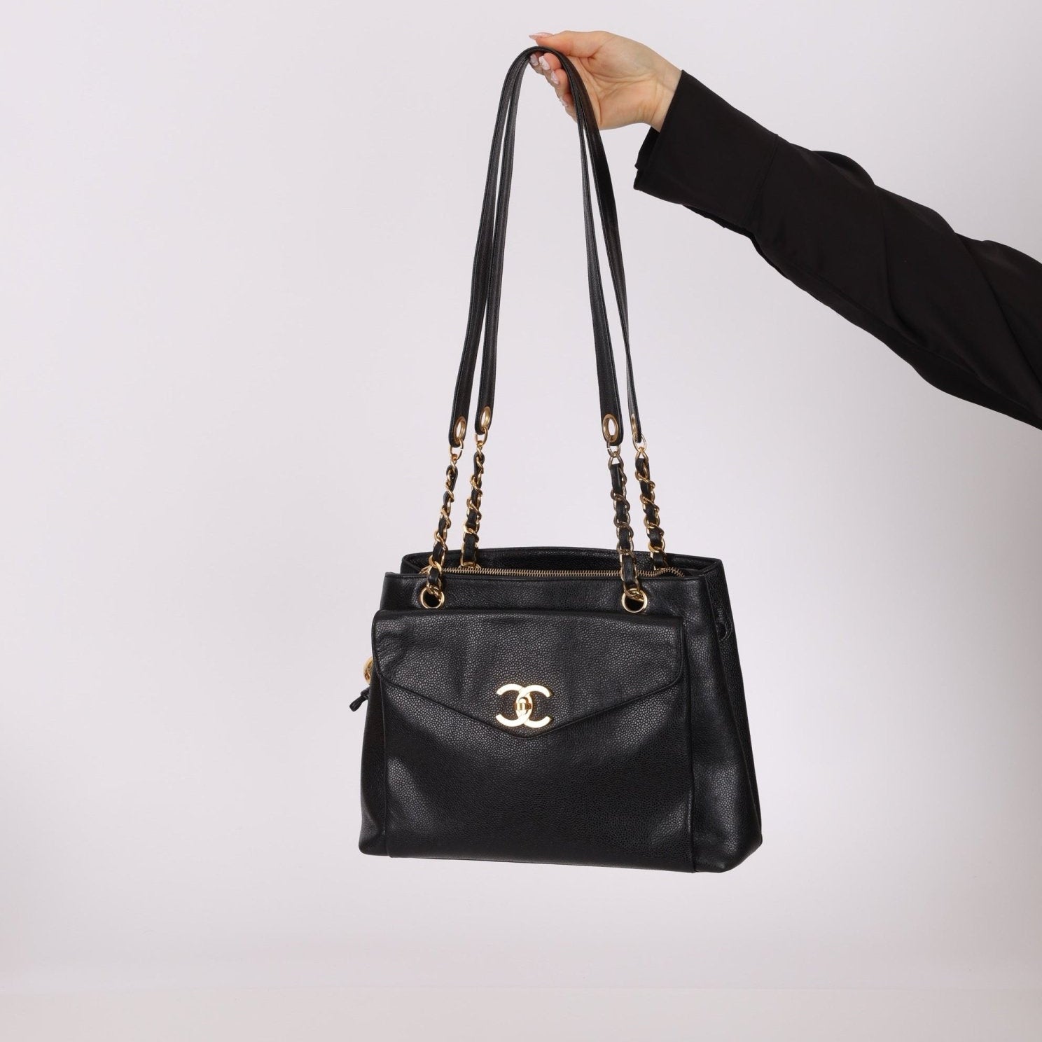 Chanel Caviar 24K GP Pocket Turnlock Tote - FashioNica