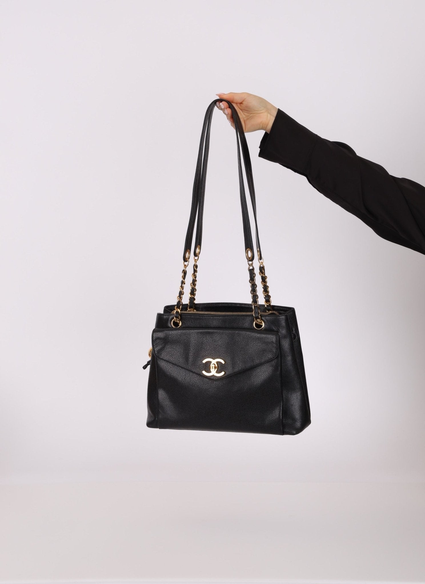 Chanel Caviar 24K GP Pocket Turnlock Tote - FashioNica