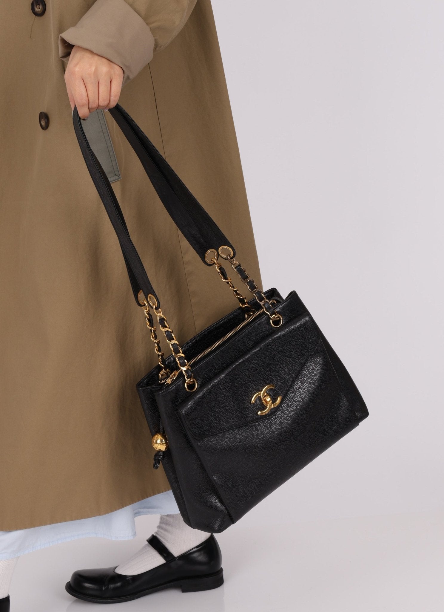 Chanel Caviar 24K GP Pocket Turnlock Tote - FashioNica