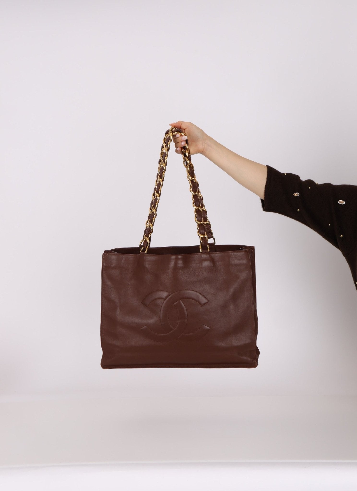 Chanel Chocolate Calfskin 24K GP Chunky Chain Tote - FashioNica