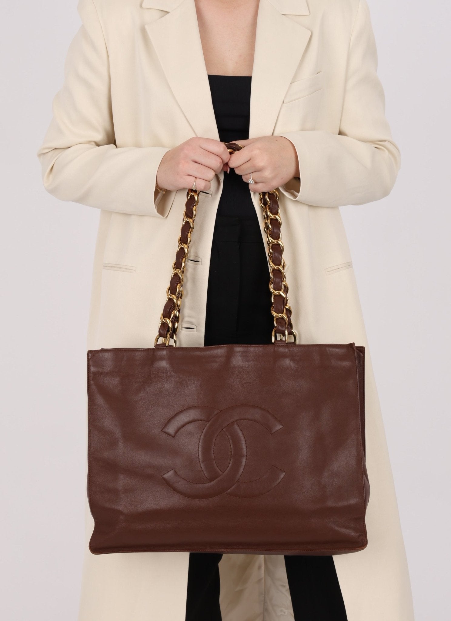 Chanel Chocolate Calfskin 24K GP Chunky Chain Tote - FashioNica