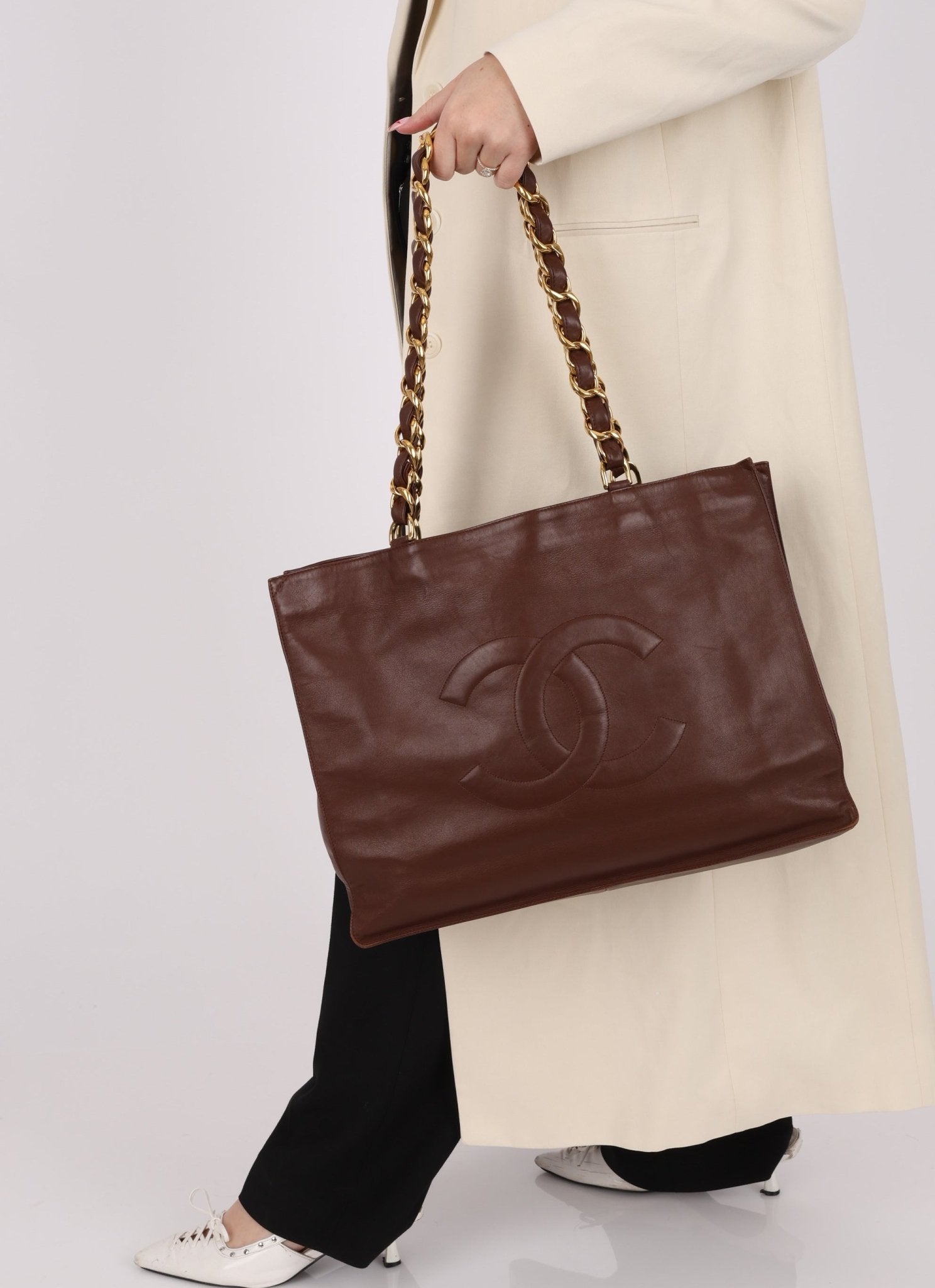Chanel Chocolate Calfskin 24K GP Chunky Chain Tote - FashioNica