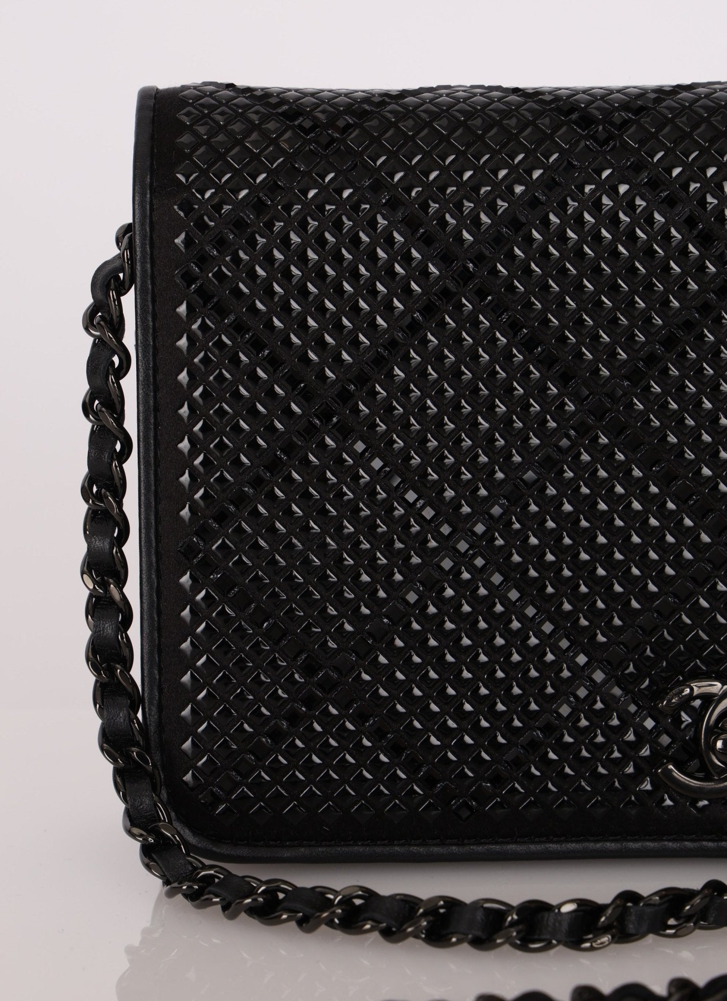 Chanel So Black Satin Crystal Studded Turnlock Wallet on Chain - FashioNica