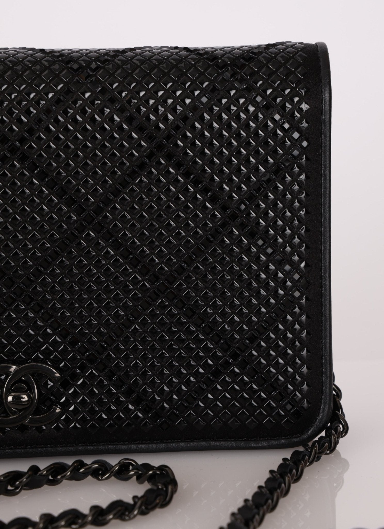 Chanel So Black Satin Crystal Studded Turnlock Wallet on Chain - FashioNica
