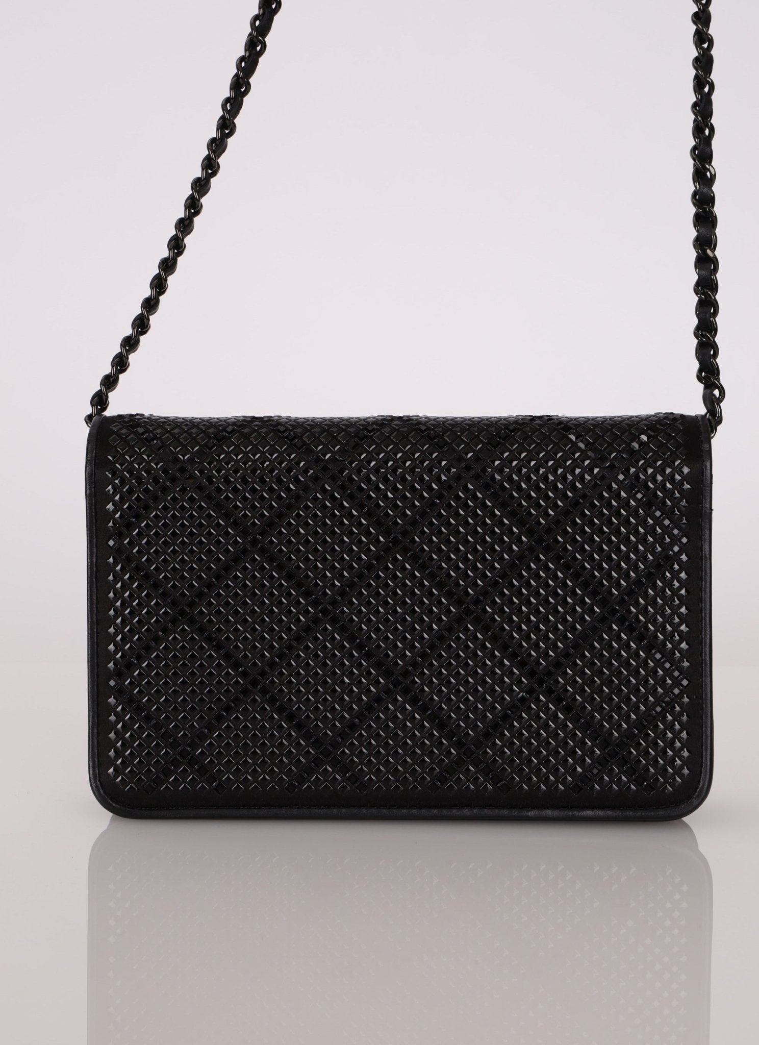 Chanel So Black Satin Crystal Studded Turnlock Wallet on Chain - FashioNica