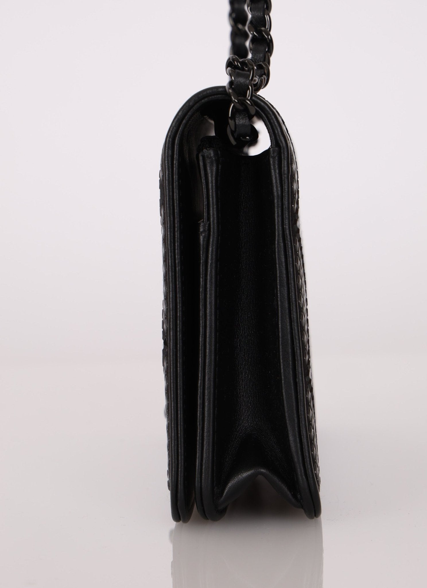 Chanel So Black Satin Crystal Studded Turnlock Wallet on Chain - FashioNica