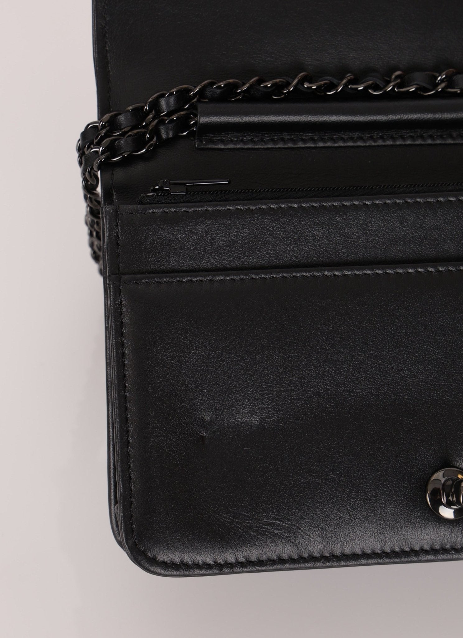 Chanel So Black Satin Crystal Studded Turnlock Wallet on Chain - FashioNica