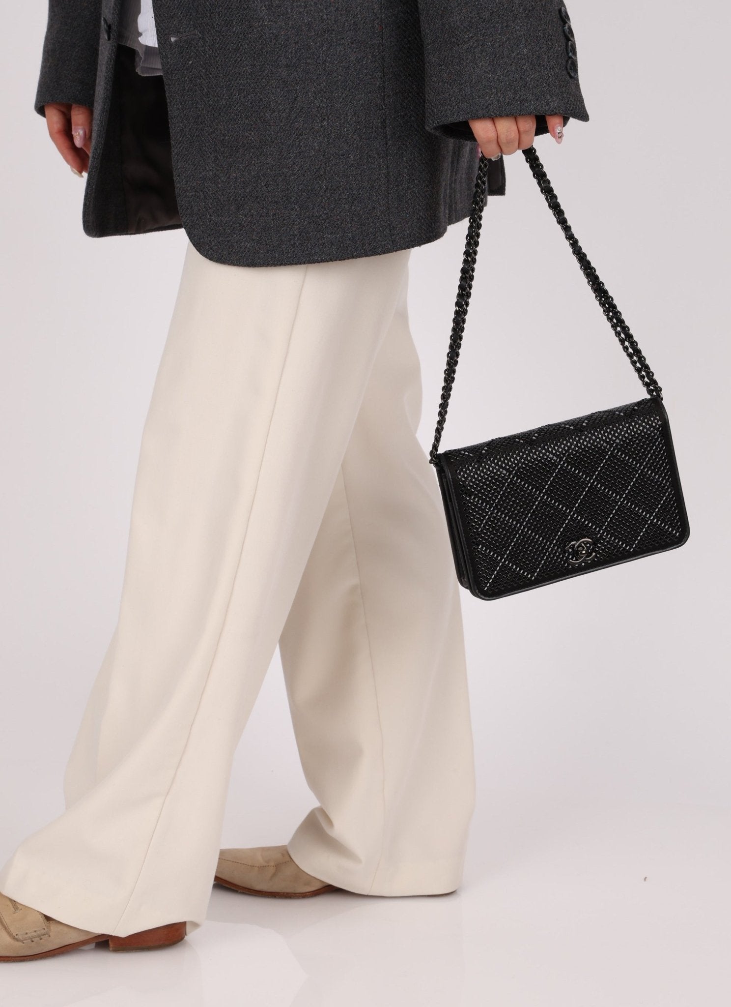 Chanel So Black Satin Crystal Studded Turnlock Wallet on Chain - FashioNica