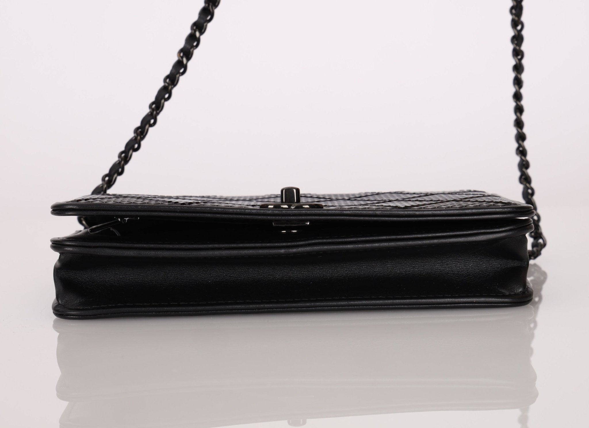 Chanel So Black Satin Crystal Studded Turnlock Wallet on Chain - FashioNica