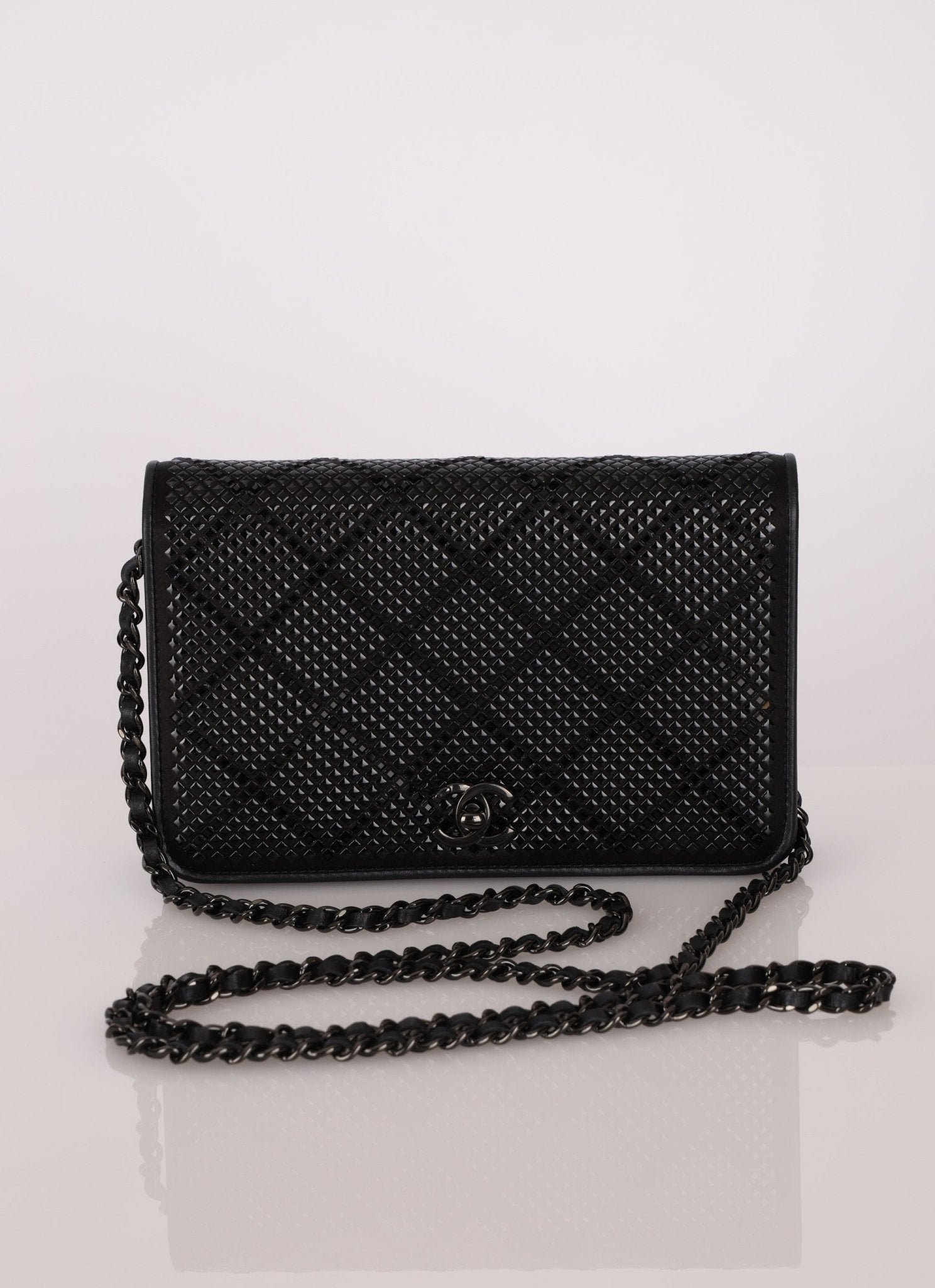 Chanel So Black Satin Crystal Studded Turnlock Wallet on Chain - FashioNica