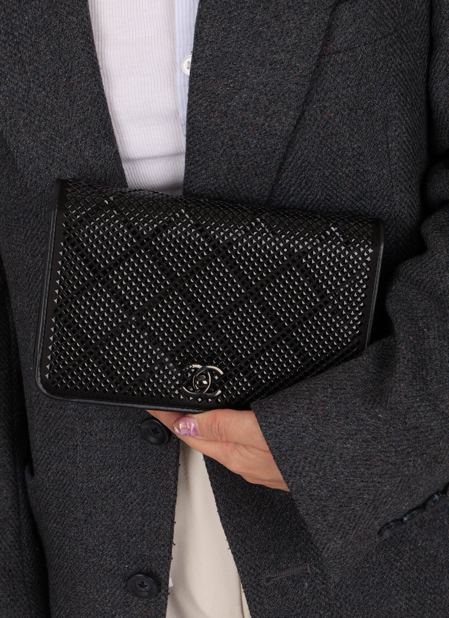 Chanel So Black Satin Crystal Studded Turnlock Wallet on Chain - FashioNica